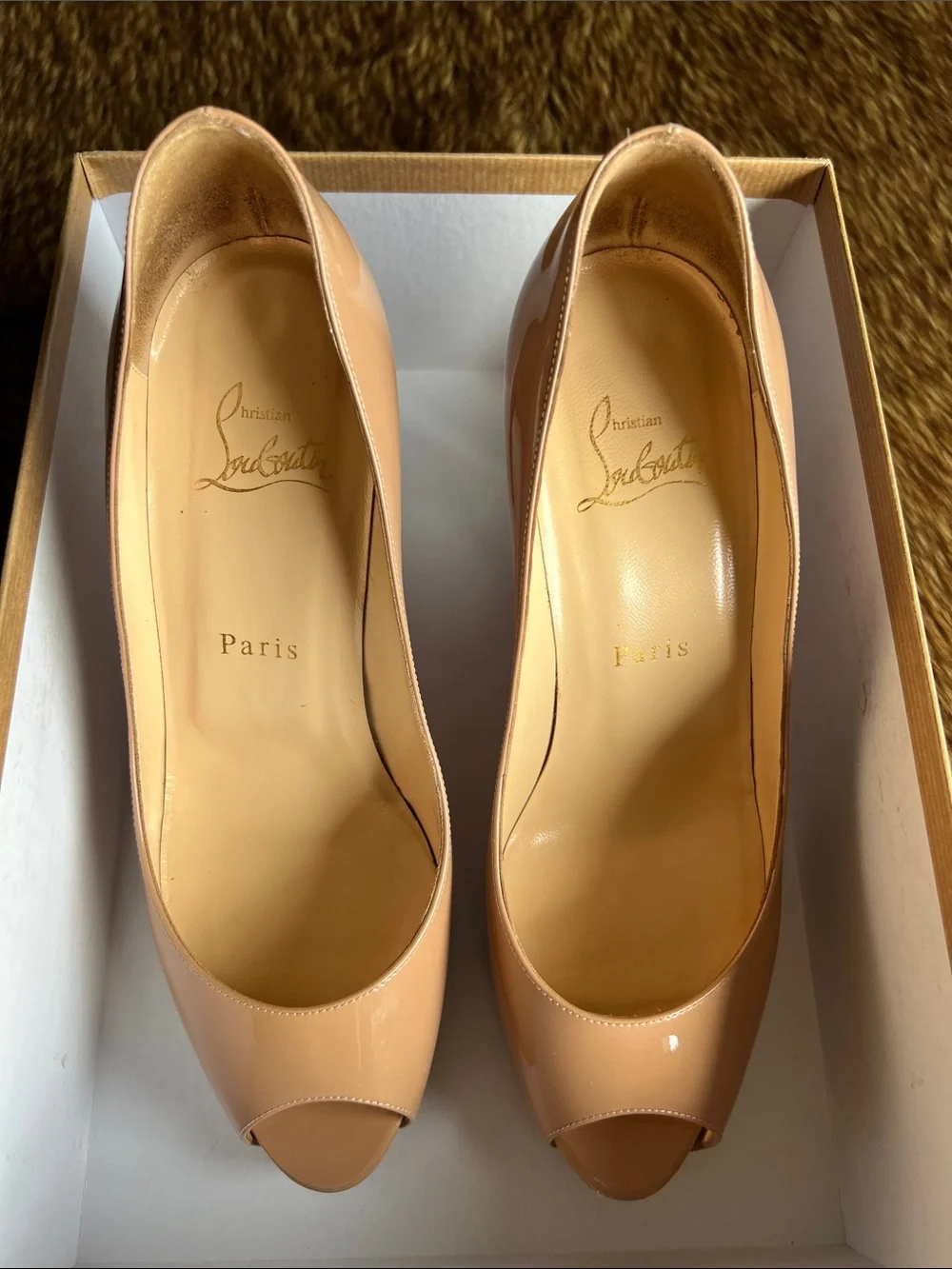 Christian Louboutin Nude Patent Peep-Toe Pumps with Signature Red Sole
